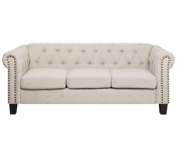 Sofá de 3 lugares em tecido creme com tachas metálicas CHESTERFIELD