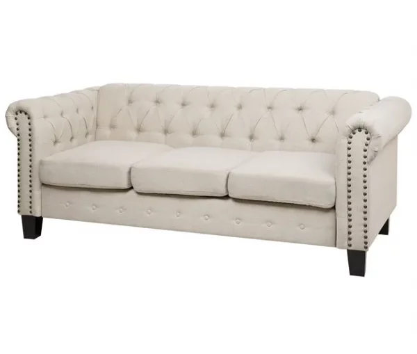 Sofá de 3 lugares em tecido creme com tachas metálicas CHESTERFIELD