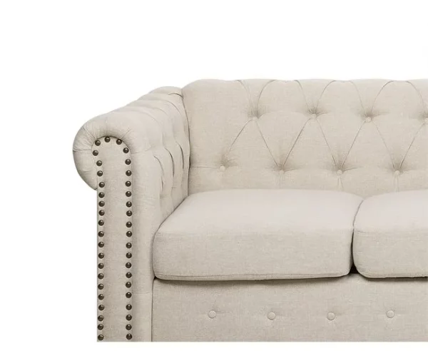 Sofá de 3 lugares em tecido creme com tachas metálicas CHESTERFIELD