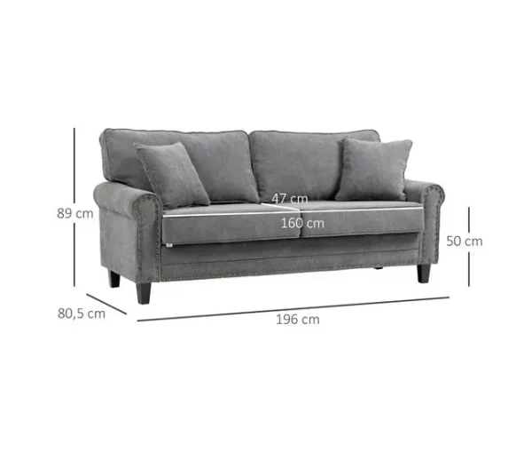 HOMCOM Sofá de 2 Lugares Sofá de Sala de Estar Moderno Estofado em Poliéster com 2 Almofadas Pés de Madeira de Borracha 196x80,5x89cm Cinza