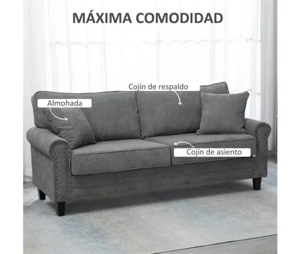 HOMCOM Sofá de 2 Lugares Sofá de Sala de Estar Moderno Estofado em Poliéster com 2 Almofadas Pés de Madeira de Borracha 196x80,5x89cm Cinza