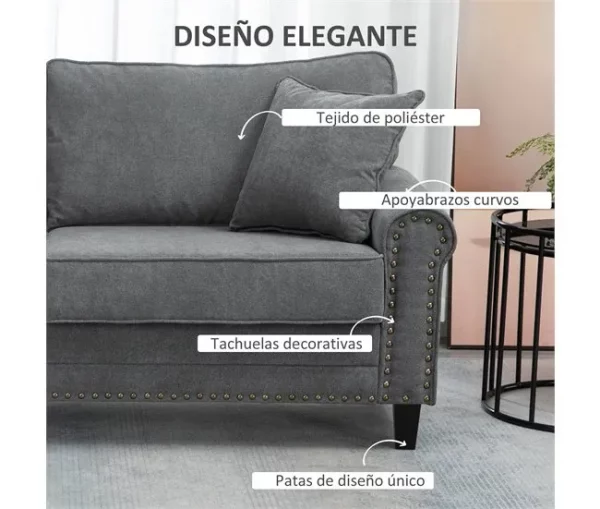 HOMCOM Sofá de 2 Lugares Sofá de Sala de Estar Moderno Estofado em Poliéster com 2 Almofadas Pés de Madeira de Borracha 196x80,5x89cm Cinza
