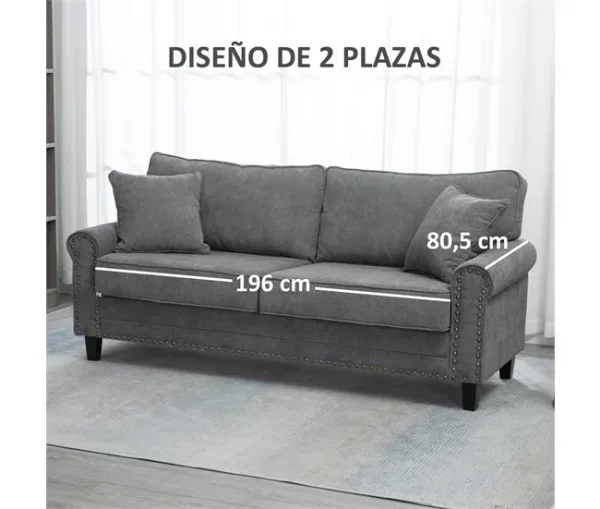 HOMCOM Sofá de 2 Lugares Sofá de Sala de Estar Moderno Estofado em Poliéster com 2 Almofadas Pés de Madeira de Borracha 196x80,5x89cm Cinza