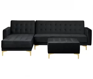 Sofá-cama de canto versão à direita de 4 lugares com repousa-pés em veludo preto ABERDEEN