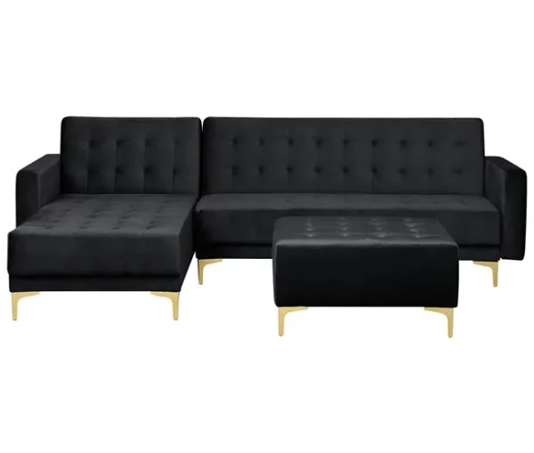 Sofá-cama de canto versão à direita de 4 lugares com repousa-pés em veludo preto ABERDEEN