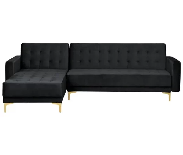 Sofá-cama de canto versão à direita de 4 lugares com repousa-pés em veludo preto ABERDEEN