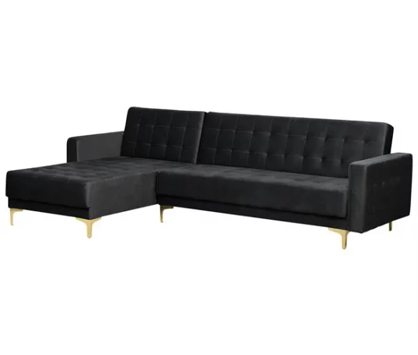 Sofá-cama de canto versão à direita de 4 lugares com repousa-pés em veludo preto ABERDEEN
