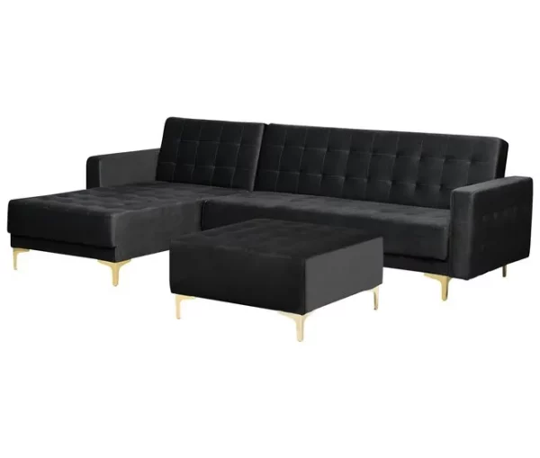 Sofá-cama de canto versão à direita de 4 lugares com repousa-pés em veludo preto ABERDEEN