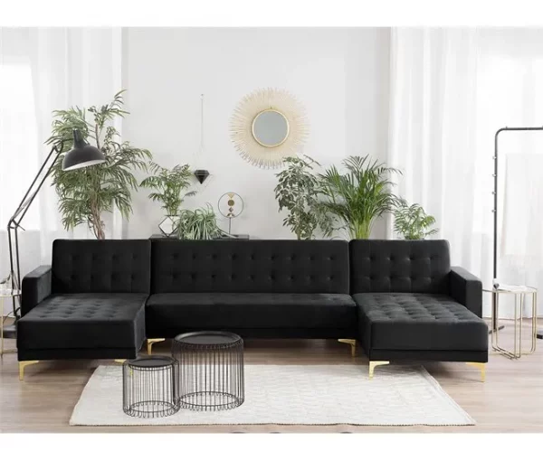 Sofá-cama em forma de U de 5 lugares em veludo preto ABERDEEN