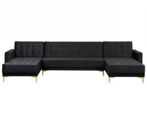 Sofá-cama em forma de U de 5 lugares em veludo preto ABERDEEN