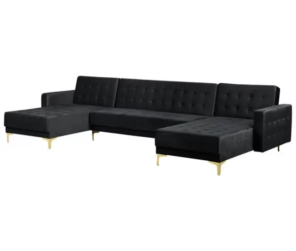 Sofá-cama em forma de U de 5 lugares em veludo preto ABERDEEN