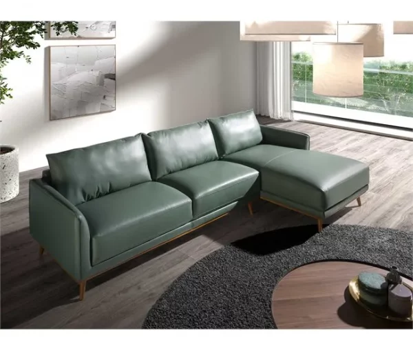 Sofá chaise longue direito em pele verde