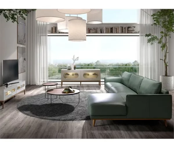 Sofá chaise longue direito em pele verde