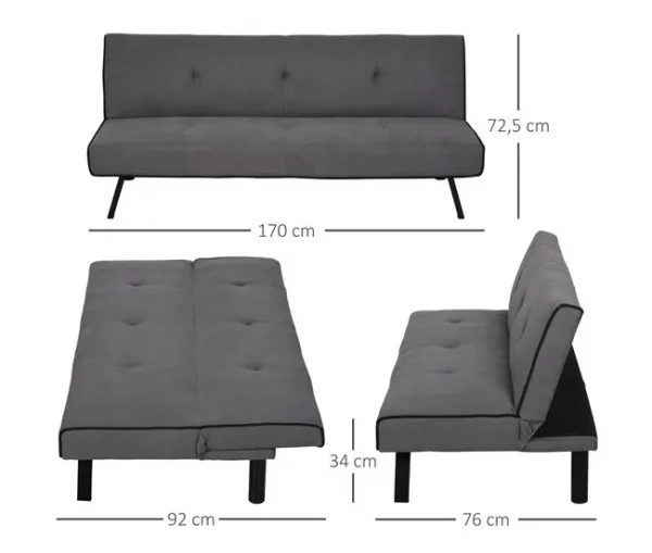 HOMCOM Sofá-cama 3 lugares projeto 2 em 1 Dobrável sem apoio de braços Estofamento em tecido Com toque aveludado Pernas levantadas Estofamento confortável 170x76x72,5 cm Cinza