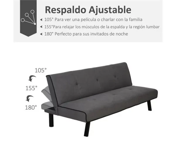 HOMCOM Sofá-cama 3 lugares projeto 2 em 1 Dobrável sem apoio de braços Estofamento em tecido Com toque aveludado Pernas levantadas Estofamento confortável 170x76x72,5 cm Cinza