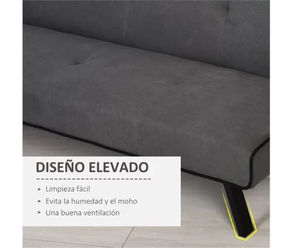 HOMCOM Sofá-cama 3 lugares projeto 2 em 1 Dobrável sem apoio de braços Estofamento em tecido Com toque aveludado Pernas levantadas Estofamento confortável 170x76x72,5 cm Cinza