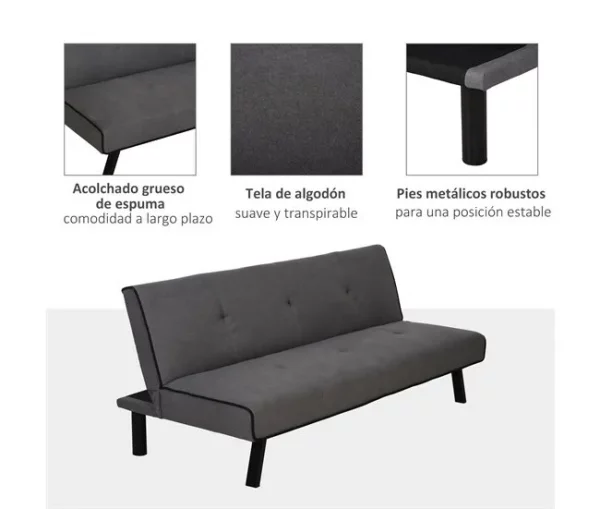 HOMCOM Sofá-cama 3 lugares projeto 2 em 1 Dobrável sem apoio de braços Estofamento em tecido Com toque aveludado Pernas levantadas Estofamento confortável 170x76x72,5 cm Cinza