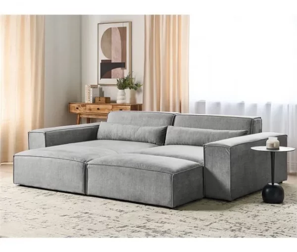 Sofá de canto modular 2 lugares com repousa-pés em tecido cinzento à direita HELLNAR