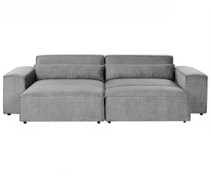 Sofá de canto modular 2 lugares com repousa-pés em tecido cinzento à direita HELLNAR
