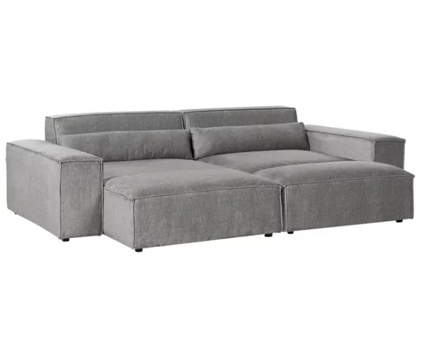 Sofá de canto modular 2 lugares com repousa-pés em tecido cinzento à direita HELLNAR