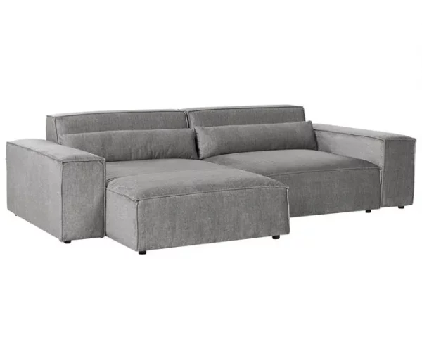 Sofá de canto modular 2 lugares com repousa-pés em tecido cinzento à direita HELLNAR