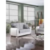 Sofá cama Dlobuon, Sofá cama de canto com container em couro ecológico e tecido, Sofá da sala com abertura click-clac e península reversível, 163x84h91 cm, Branco e Cinza