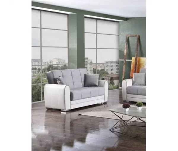 Sofá cama Dlobuon, Sofá cama de canto com container em couro ecológico e tecido, Sofá da sala com abertura click-clac e península reversível, 163x84h91 cm, Branco e Cinza