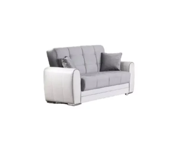 Sofá cama Dlobuon, Sofá cama de canto com container em couro ecológico e tecido, Sofá da sala com abertura click-clac e península reversível, 163x84h91 cm, Branco e Cinza
