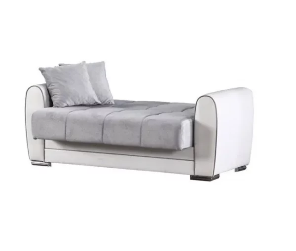Sofá cama Dlobuon, Sofá cama de canto com container em couro ecológico e tecido, Sofá da sala com abertura click-clac e península reversível, 163x84h91 cm, Branco e Cinza