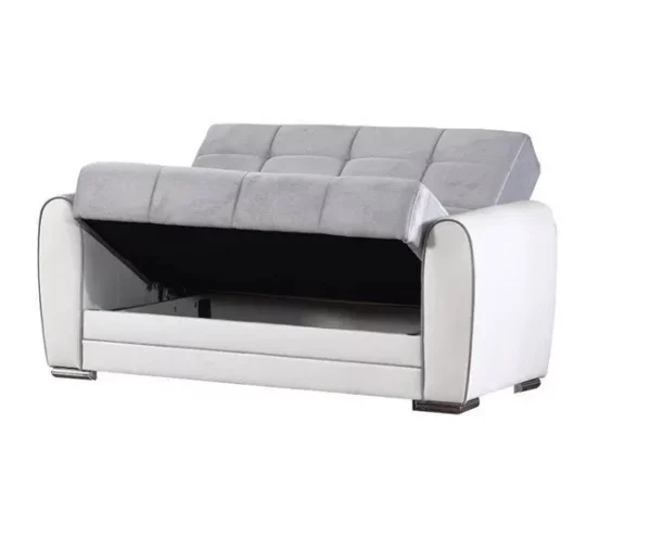 Sofá cama Dlobuon, Sofá cama de canto com container em couro ecológico e tecido, Sofá da sala com abertura click-clac e península reversível, 163x84h91 cm, Branco e Cinza