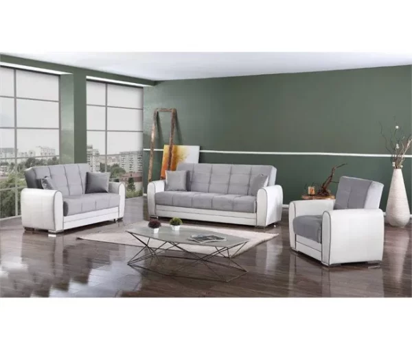 Sofá cama Dlobuon, Sofá cama de canto com container em couro ecológico e tecido, Sofá da sala com abertura click-clac e península reversível, 163x84h91 cm, Branco e Cinza