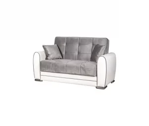 Sofá cama Dlobuon, Sofá cama de canto com container em couro ecológico e tecido, Sofá da sala com abertura click-clac e península reversível, 163x84h91 cm, Branco e Cinza