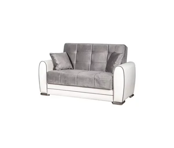 Sofá cama Dlobuon, Sofá cama de canto com container em couro ecológico e tecido, Sofá da sala com abertura click-clac e península reversível, 163x84h91 cm, Branco e Cinza