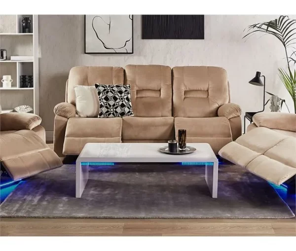 Sofá reclinável de 3 lugares veludo creme com LED e entrada USB BERGEN