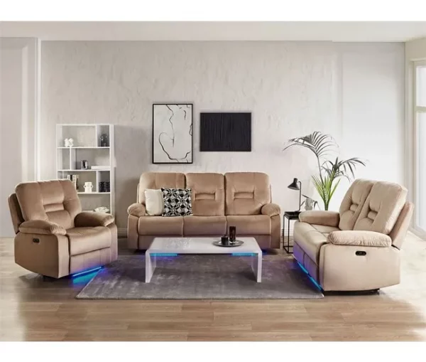 Sofá reclinável de 3 lugares veludo creme com LED e entrada USB BERGEN