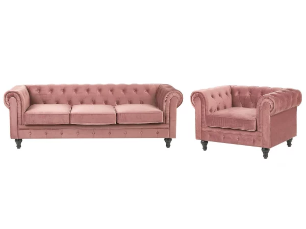Set Sofa Sessel CHESTERFIELD rosa Samtstoff CH