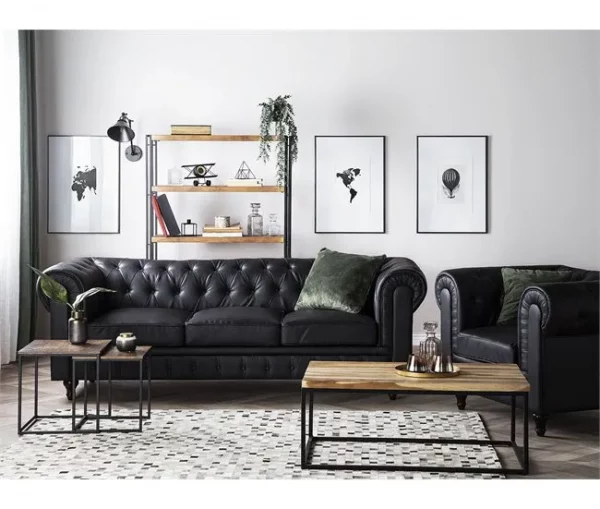Conjunto de sala de estar de 4 lugares em pele sintética preta CHESTERFIELD