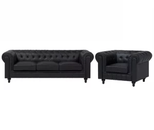 Conjunto de sala de estar de 4 lugares em pele sintética preta CHESTERFIELD