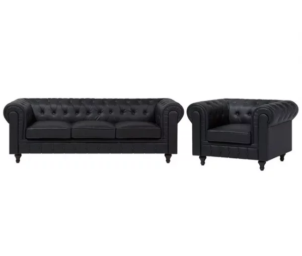 Conjunto de sala de estar de 4 lugares em pele sintética preta CHESTERFIELD