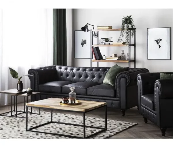 Conjunto de sala de estar de 4 lugares em pele sintética preta CHESTERFIELD