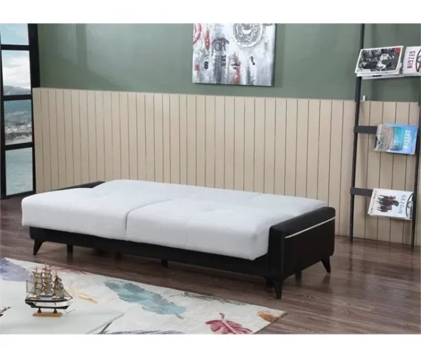 Sofá cama Dmaiett, sofá cama container 3 lugares em couro ecológico e tecido, sofá da sala em tecido acolchoado com abertura click-clac, 207x92h83 cm, Preto e Branco