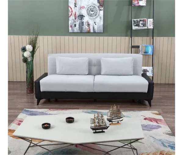Sofá cama Dmaiett, sofá cama container 3 lugares em couro ecológico e tecido, sofá da sala em tecido acolchoado com abertura click-clac, 207x92h83 cm, Preto e Branco