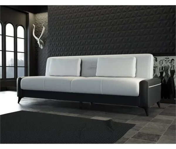 Sofá cama Dmaiett, sofá cama container 3 lugares em couro ecológico e tecido, sofá da sala em tecido acolchoado com abertura click-clac, 207x92h83 cm, Preto e Branco