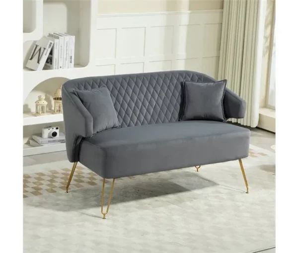 HOMCOM Sofá de 2 Lugares Estofado em Veludo Sofá Sala de Estar com 2 Almofadas Apoio para o Braço e Pés de Aço Dourado Sofá Pequeno Carga 240 kg para Dormitório Escritório 124x69x76 cm Cinza