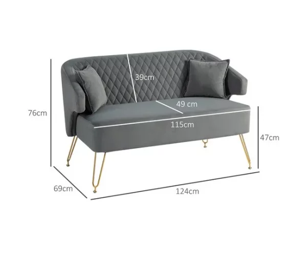 HOMCOM Sofá de 2 Lugares Estofado em Veludo Sofá Sala de Estar com 2 Almofadas Apoio para o Braço e Pés de Aço Dourado Sofá Pequeno Carga 240 kg para Dormitório Escritório 124x69x76 cm Cinza