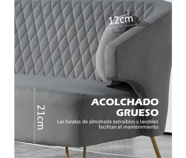 HOMCOM Sofá de 2 Lugares Estofado em Veludo Sofá Sala de Estar com 2 Almofadas Apoio para o Braço e Pés de Aço Dourado Sofá Pequeno Carga 240 kg para Dormitório Escritório 124x69x76 cm Cinza