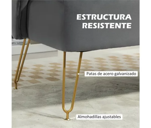 HOMCOM Sofá de 2 Lugares Estofado em Veludo Sofá Sala de Estar com 2 Almofadas Apoio para o Braço e Pés de Aço Dourado Sofá Pequeno Carga 240 kg para Dormitório Escritório 124x69x76 cm Cinza