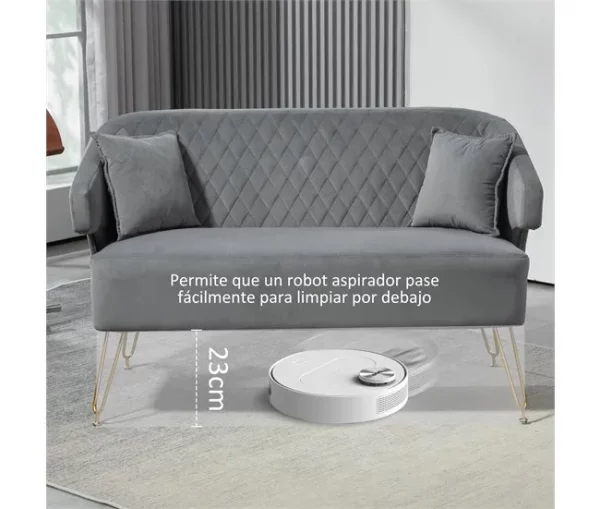 HOMCOM Sofá de 2 Lugares Estofado em Veludo Sofá Sala de Estar com 2 Almofadas Apoio para o Braço e Pés de Aço Dourado Sofá Pequeno Carga 240 kg para Dormitório Escritório 124x69x76 cm Cinza