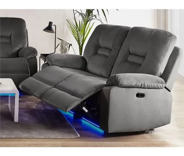 Sofá reclinável de 2 lugares veludo cinzento escuro com LED e entrada USB BERGEN