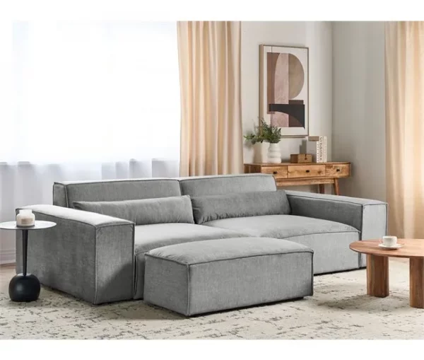 Sofá modular 2 lugares com repousa-pés em tecido cinzento HELLNAR